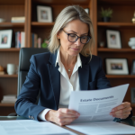 Femme d'âge moyen en blazer bleu examinant des papiers immobiliers