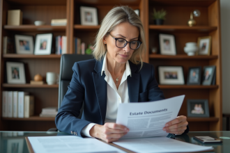 Femme d'âge moyen en blazer bleu examinant des papiers immobiliers