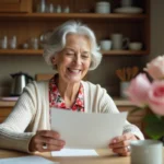 Femme de 70 ans souriante lisant une carte d anniversaire dans sa cuisine