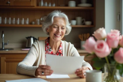 Femme de 70 ans souriante lisant une carte d anniversaire dans sa cuisine