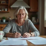 Femme d'âge moyen lisant des documents de deuil dans une cuisine chaleureuse