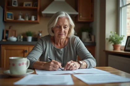Femme d'âge moyen lisant des documents de deuil dans une cuisine chaleureuse