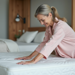 Femme en pyjamas pastel évaluant un matelas confortable