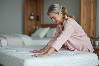 Femme en pyjamas pastel évaluant un matelas confortable