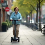 Femme d'âge moyen conduisant un scooter électrique en ville