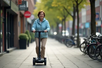 Femme d'âge moyen conduisant un scooter électrique en ville