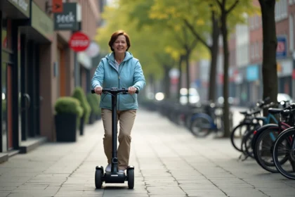 Femme d'âge moyen conduisant un scooter électrique en ville
