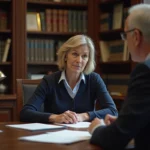 Femme discutant d'une curatelle avec un notaire dans un bureau juridique professionnel