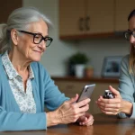 Femme d'âge moyen échangeant son téléphone avec une amie dans la cuisine