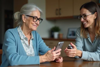 Femme d'âge moyen échangeant son téléphone avec une amie dans la cuisine