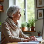 Femme aux cheveux gris suivant un cours en ligne dans un bureau lumineux