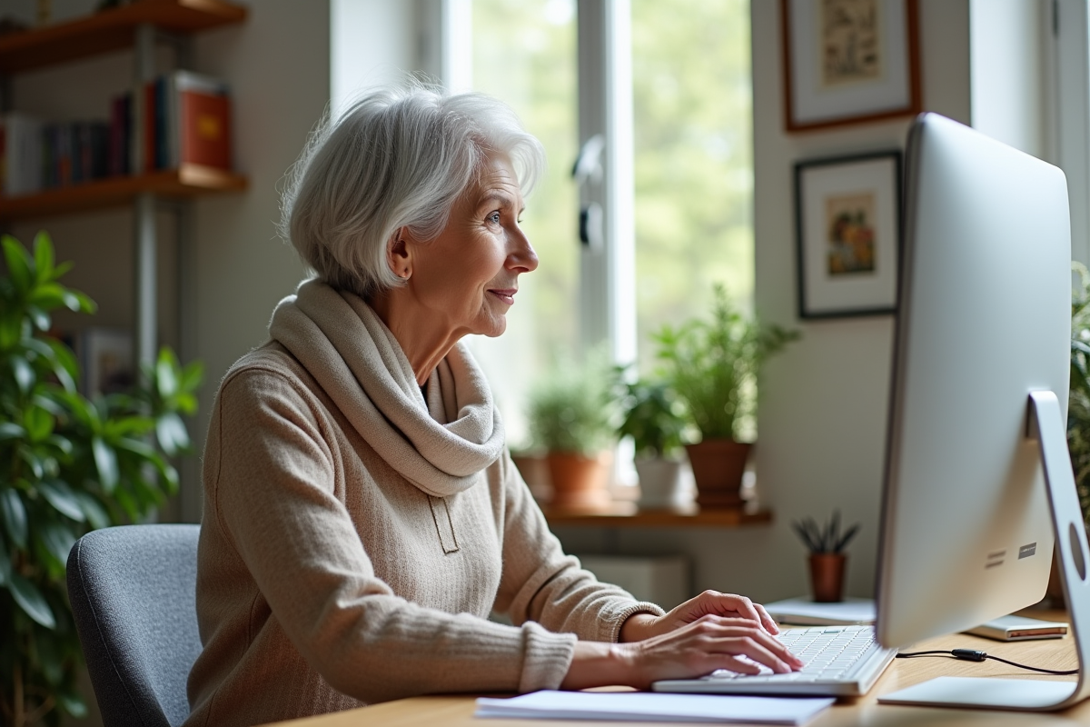 Femme aux cheveux gris suivant un cours en ligne dans un bureau lumineux