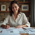 Femme organisée triant des papiers officiels à la maison