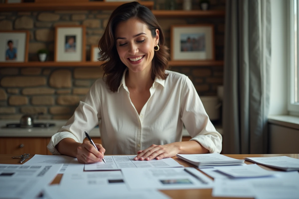 Femme organisée triant des papiers officiels à la maison
