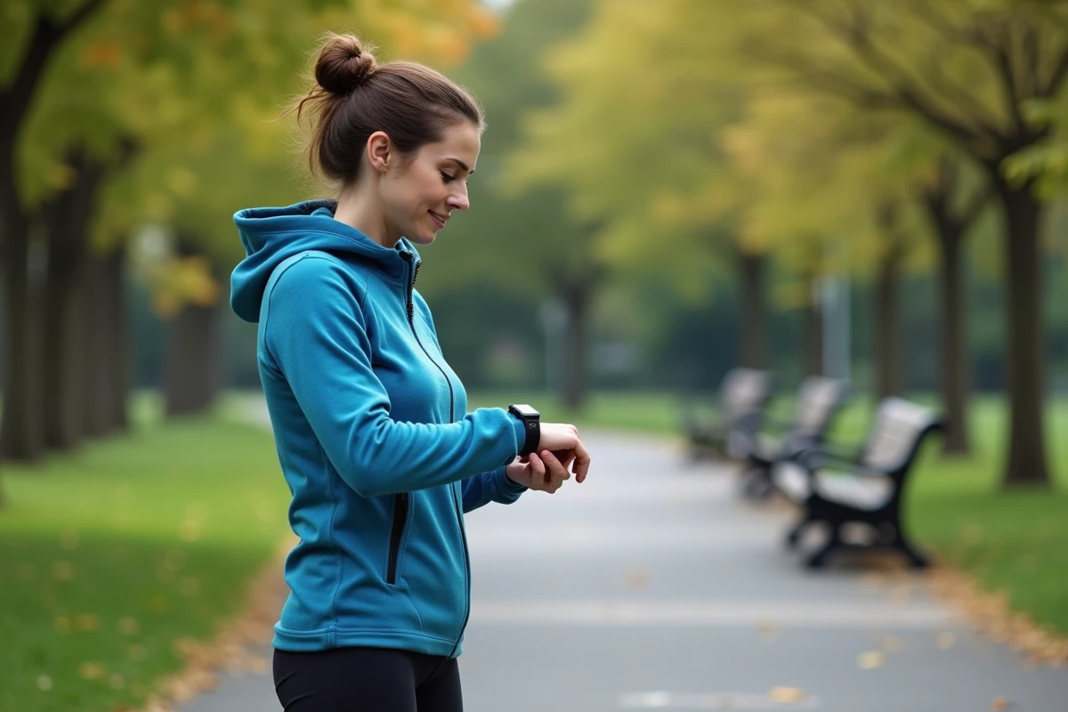 Femme en plein air vérifie sa montre de détection de chute dans un parc