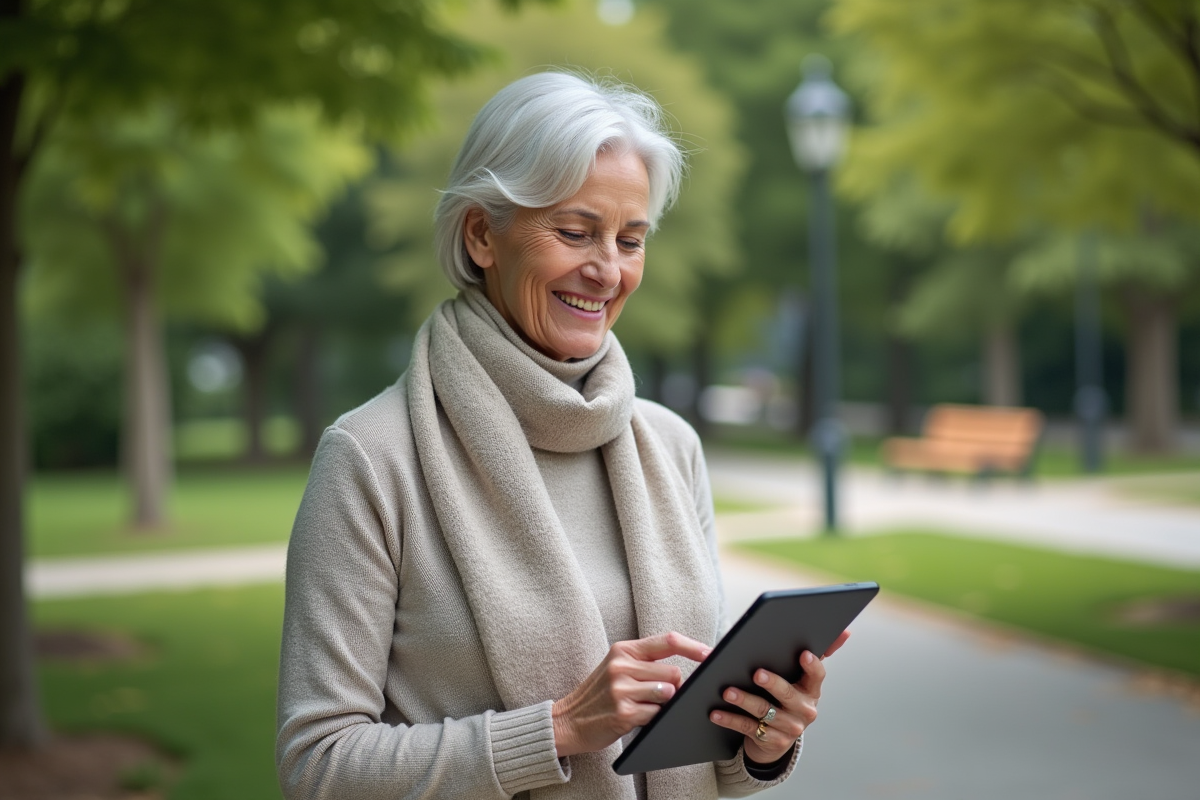 Femme souriante dans un parc utilisant une tablette avec graphique