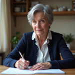 Femme d'âge moyen remplissant des papiers de retraite dans une cuisine chaleureuse