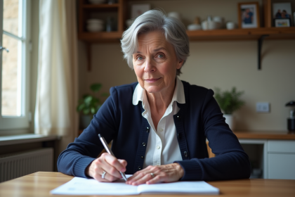 Femme d'âge moyen remplissant des papiers de retraite dans une cuisine chaleureuse