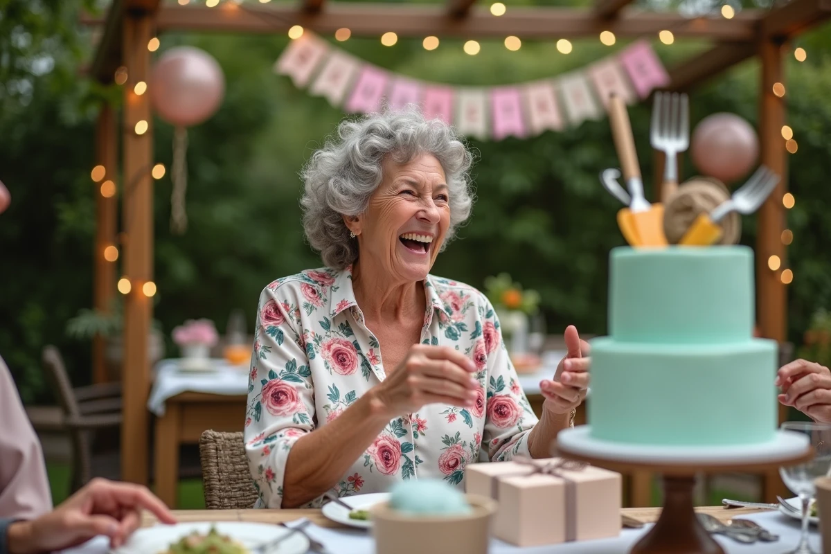 Femme riant lors de sa fête de départ en retraite dans un jardin avec décoration festive