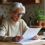 Femme retraitée lisant ses papiers de pension à la maison
