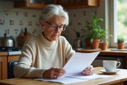 Femme retraitée lisant ses papiers de pension à la maison