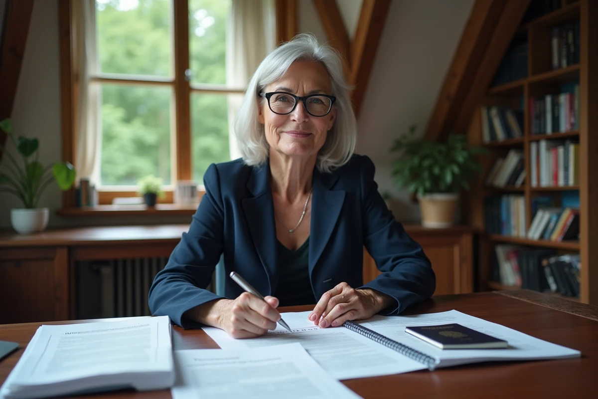 Femme retraitée examinant ses droits de retraite à l'étranger dans un bureau à domicile en Europe
