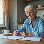 Femme retraitée étudie ses papiers de pension à la maison