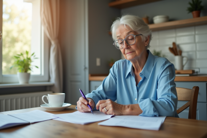 Femme retraitée étudie ses papiers de pension à la maison