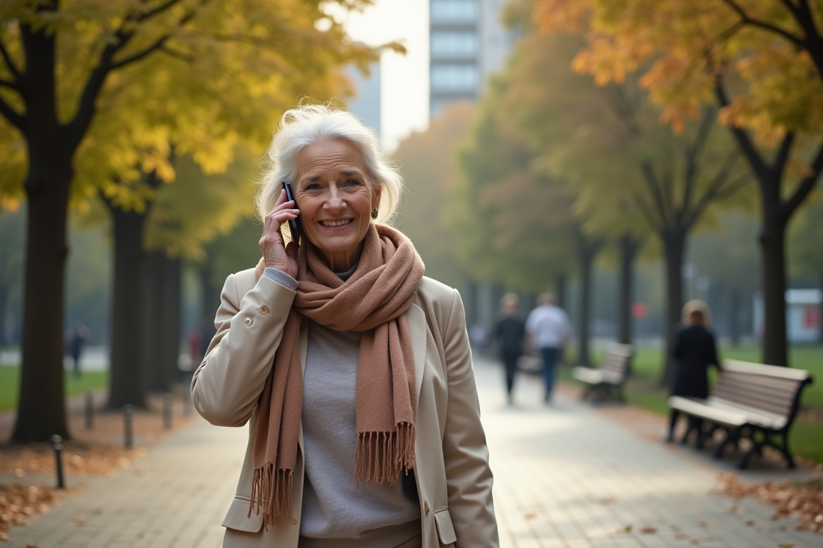Femme retraitée marchant dans un parc urbain en automne
