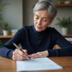 Femme d'âge moyen relisant un contrat à la maison