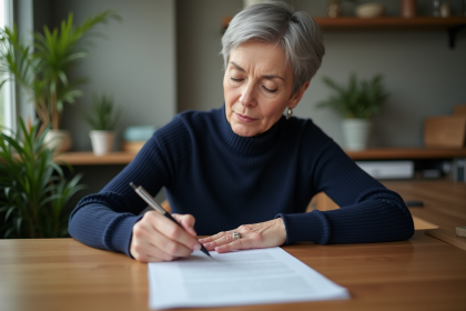 Femme d'âge moyen relisant un contrat à la maison