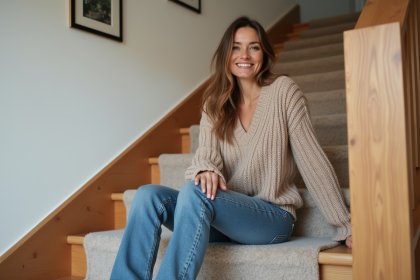 Femme souriante assise sur un escalier moderne intérieur