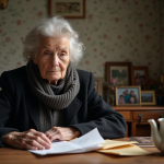 Femme âgée en cuisine avec factures et enveloppes