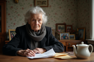 Femme âgée en cuisine avec factures et enveloppes