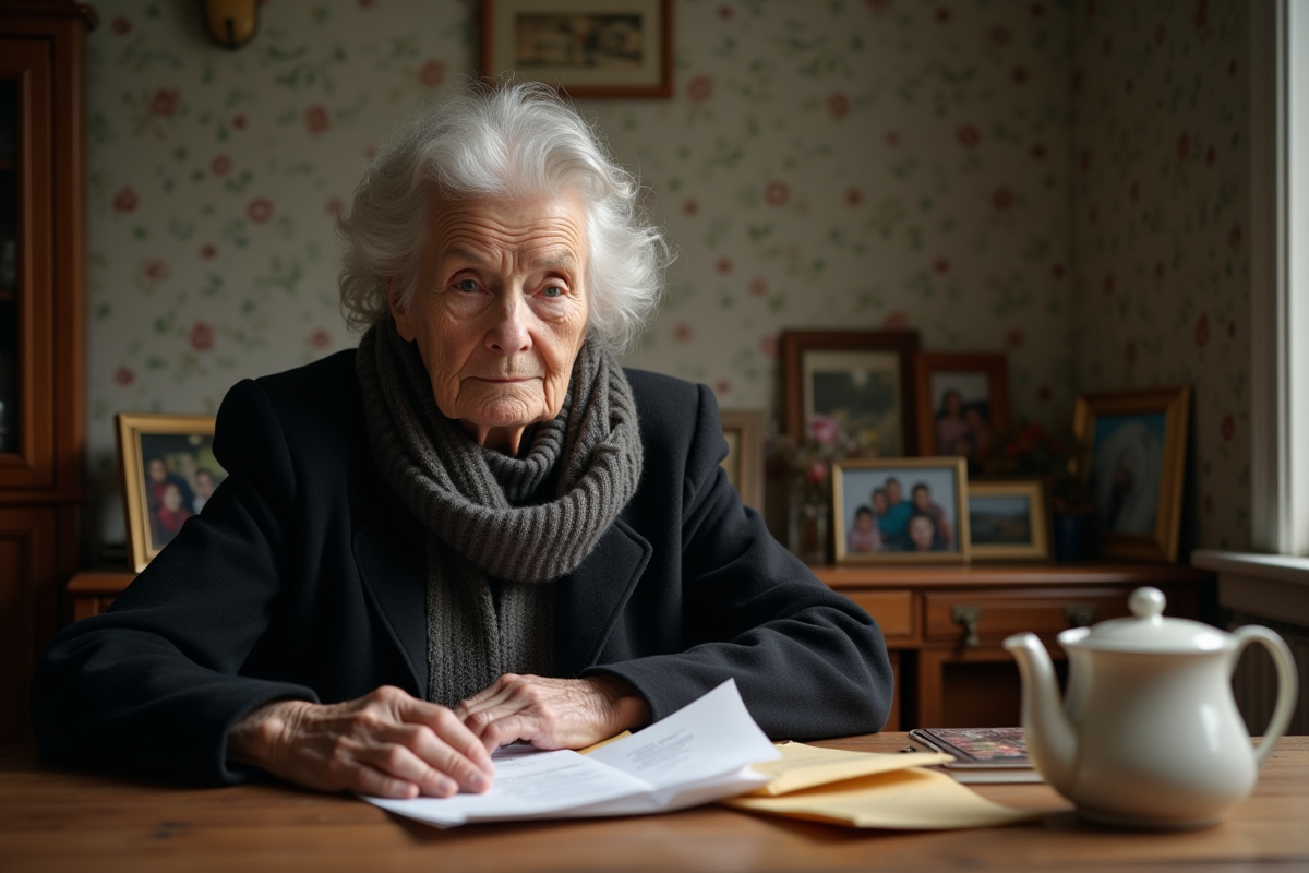 Femme âgée en cuisine avec factures et enveloppes