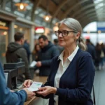 Femme senior présentant sa carte de réduction à un guichet de gare SNCF en France