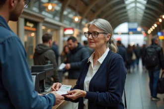 Femme senior présentant sa carte de réduction à un guichet de gare SNCF en France