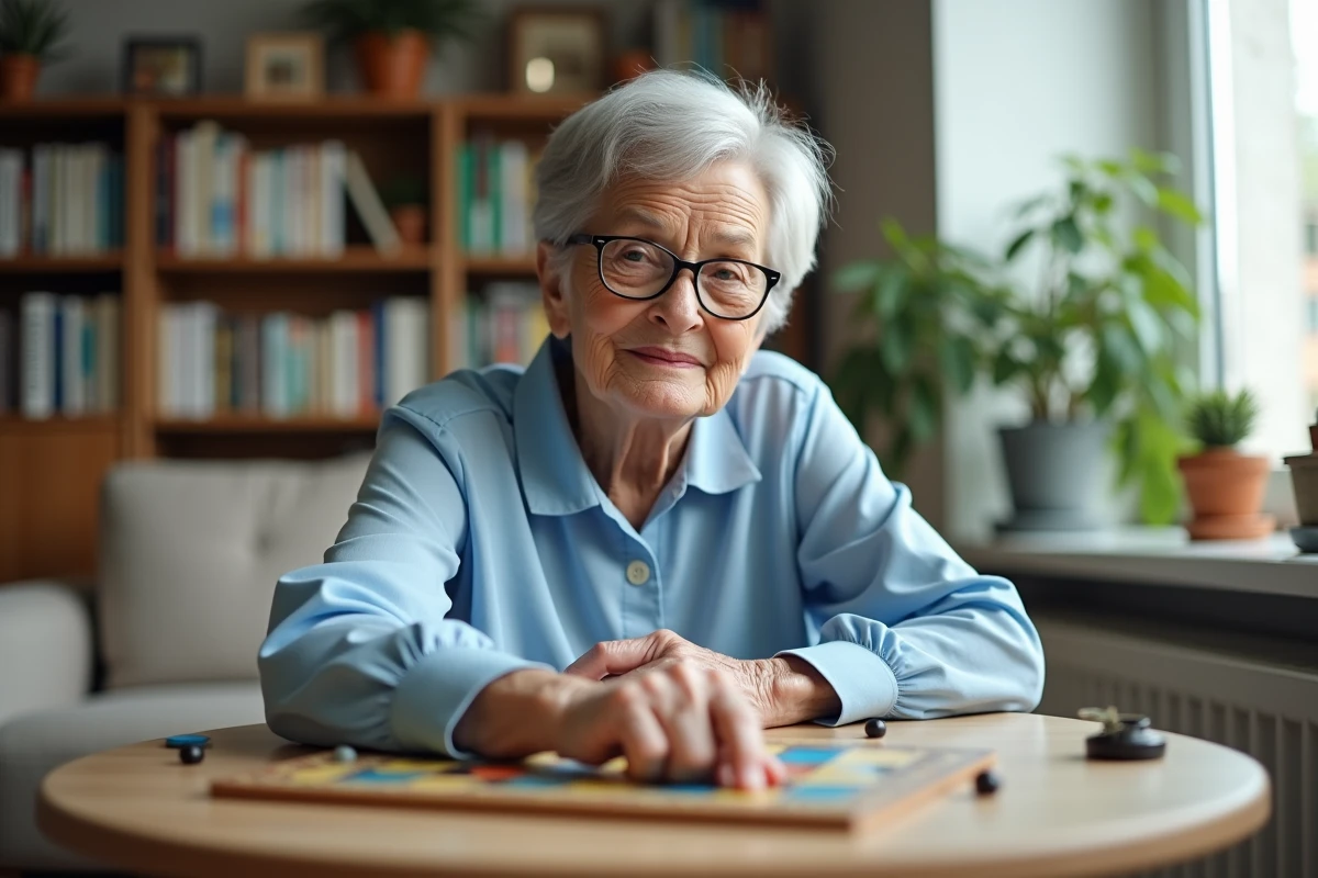 Femme âgée concentrée sur un jeu de société, lunettes sur le nez, en intérieur