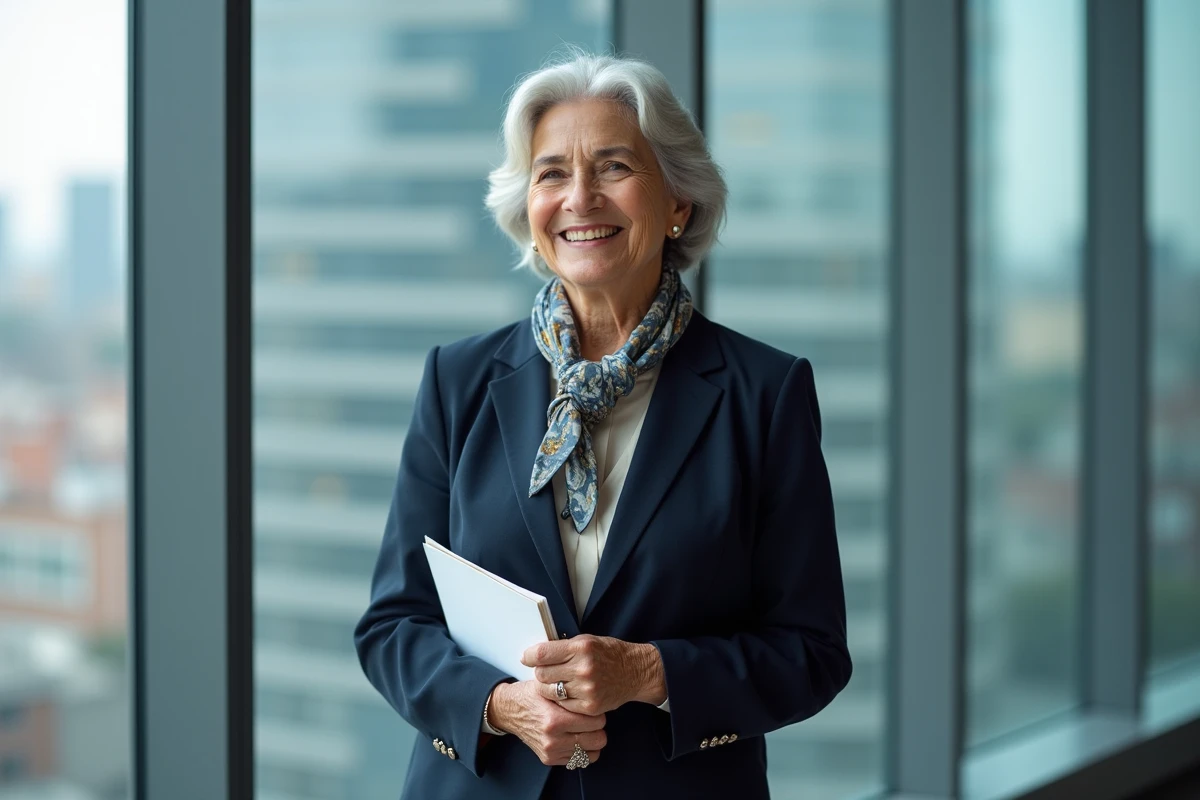 Femme senior confiante en costume dans un bureau moderne