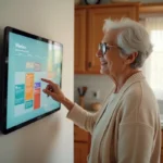 Une femme âgée installe et configure un calendrier électronique senior sur l'écran tactile mural de sa cuisine