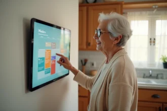 Une femme âgée installe et configure un calendrier électronique senior sur l'écran tactile mural de sa cuisine