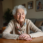 Femme senior assise à une table en bois chaleureuse
