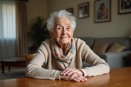 Femme senior assise à une table en bois chaleureuse