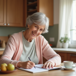 Femme senior souriante écrivant dans un journal de santé