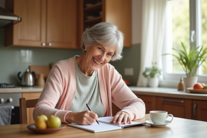 Femme senior souriante écrivant dans un journal de santé