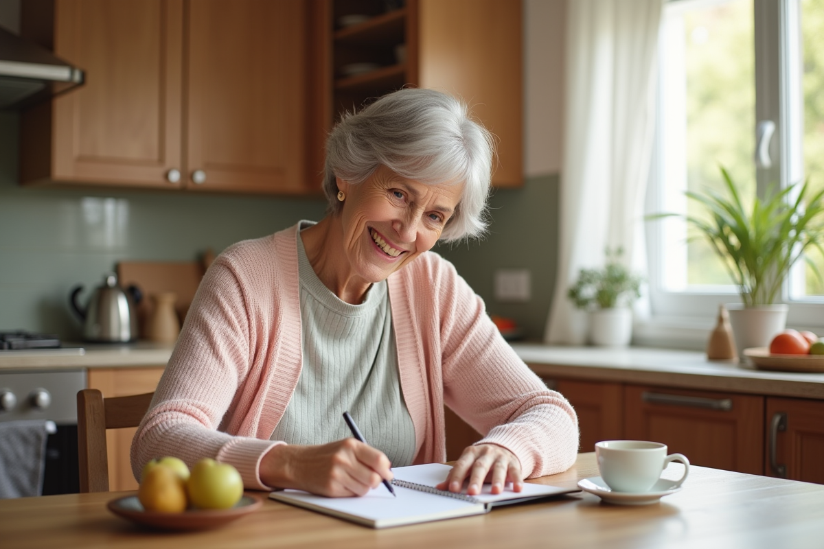 Femme senior souriante écrivant dans un journal de santé