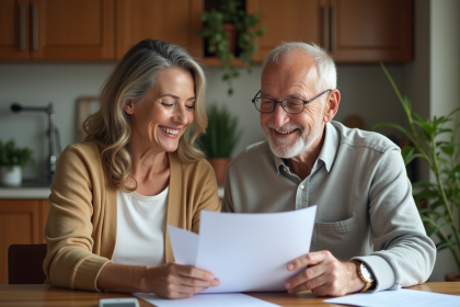 Femme d'âge moyen avec son père dans la cuisine en train de rire