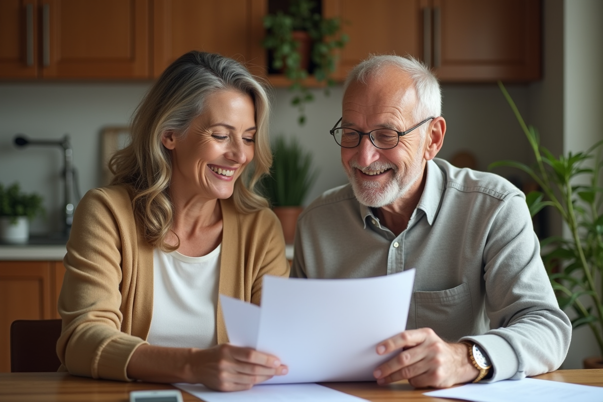 Femme d'âge moyen avec son père dans la cuisine en train de rire
