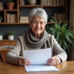 Femme senior souriante lisant un document chez elle