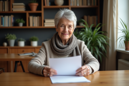 Femme senior souriante lisant un document chez elle
